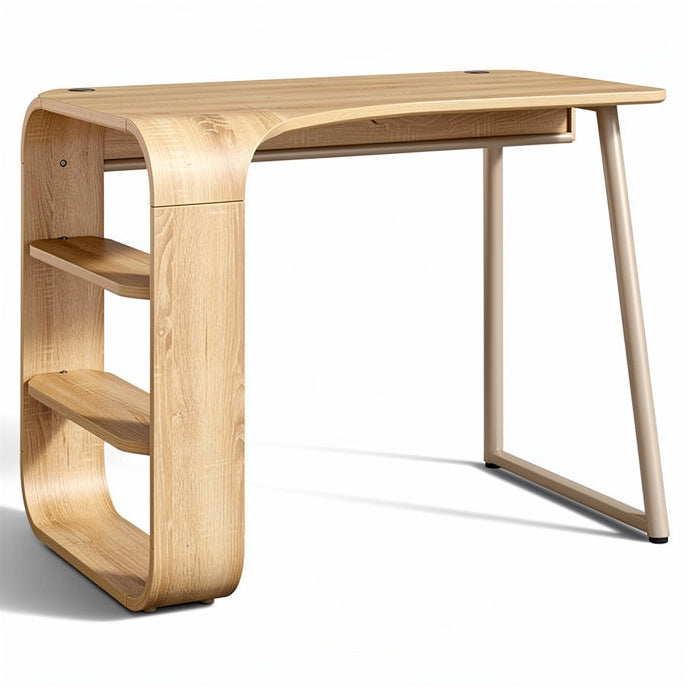 **Moderne houten bureau met open schappen**
