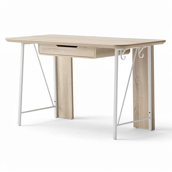**Technische Titel in het Nederlands: Minimalistische houten bureau met metalen onderstel en lade**
