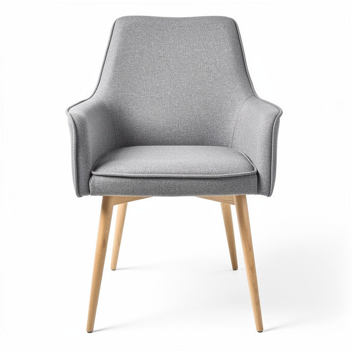 **Moderne grijze stofstoel met houten poten**