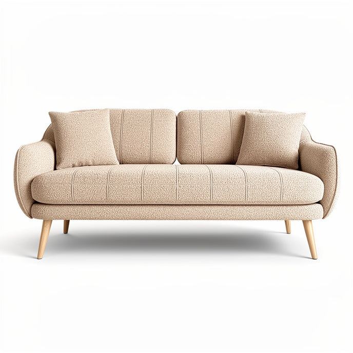 **Moderne beige bank met gestoffeerde kussens en houten poten**