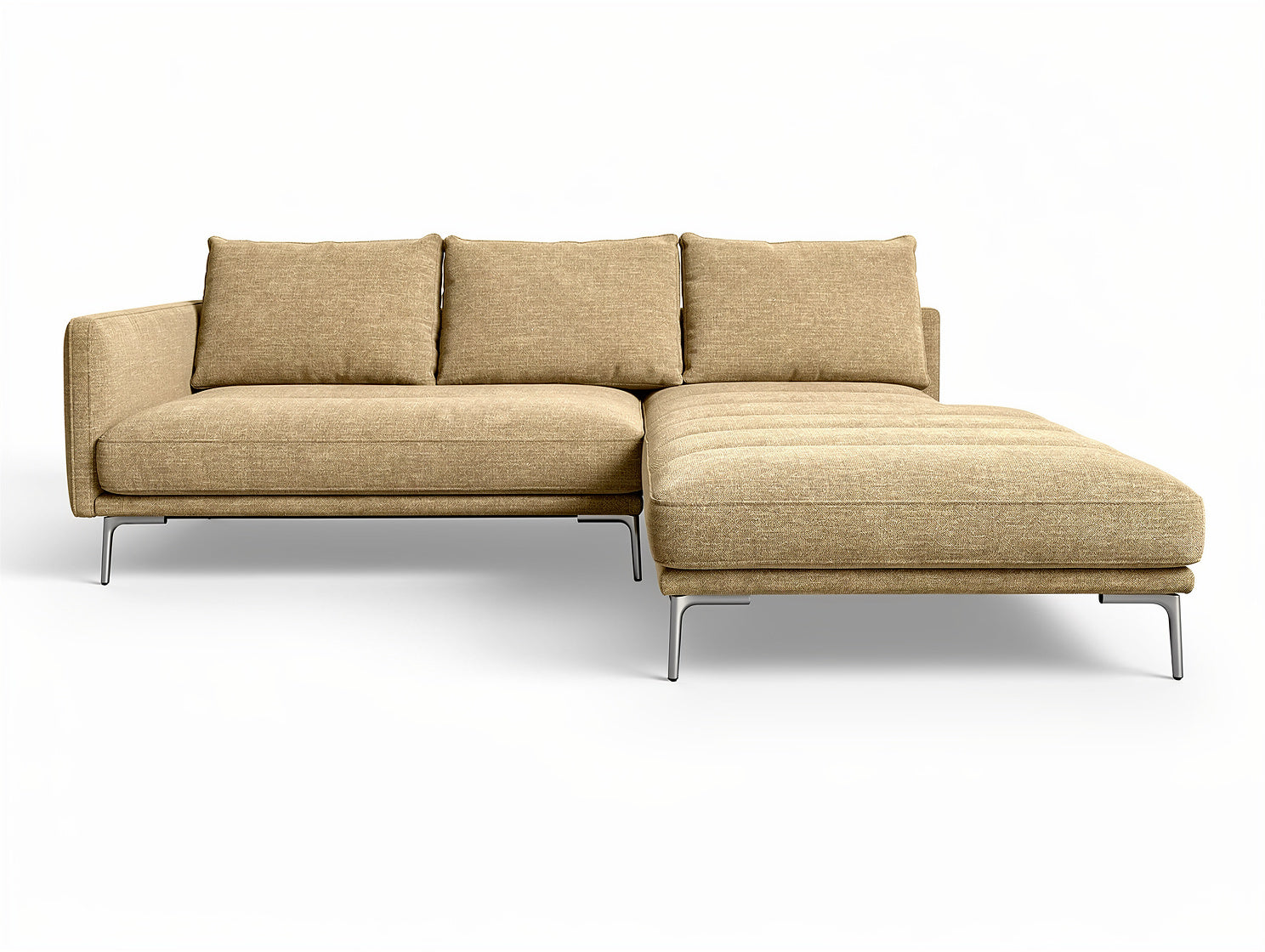 **Technische titel in het Nederlands: Moderne L-vormige bank met beige stof en metalen poten**