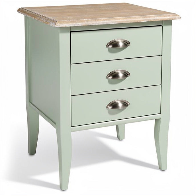 **Technische titel in het Nederlands:** Dressoir met drie lades en houten blad in mintgroen.